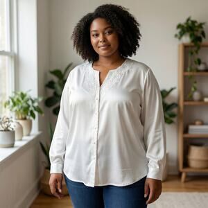 Vintage White Laser Cut Pearl Beaded Embroidered Long Sleeve Top Plus Size 24W